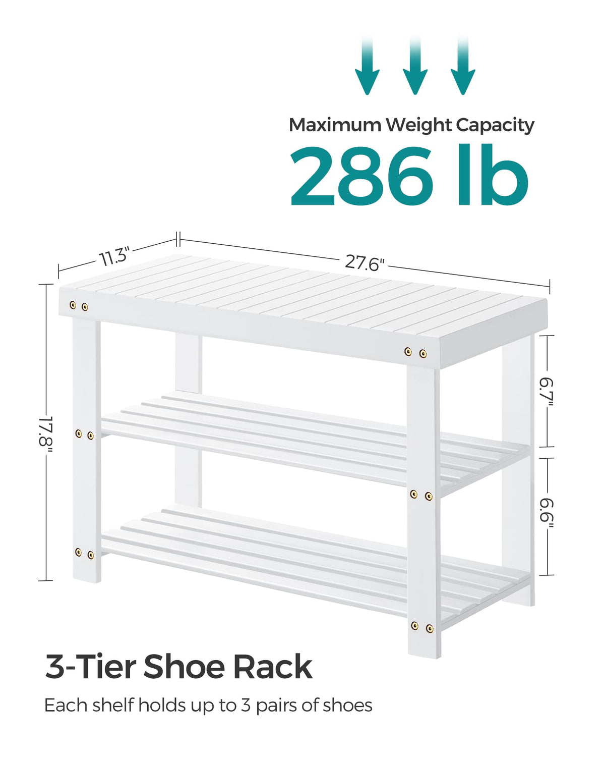 SONGMICS Shoe Rack Bench, 3-Tier Bamboo Shoe Storage Organizer