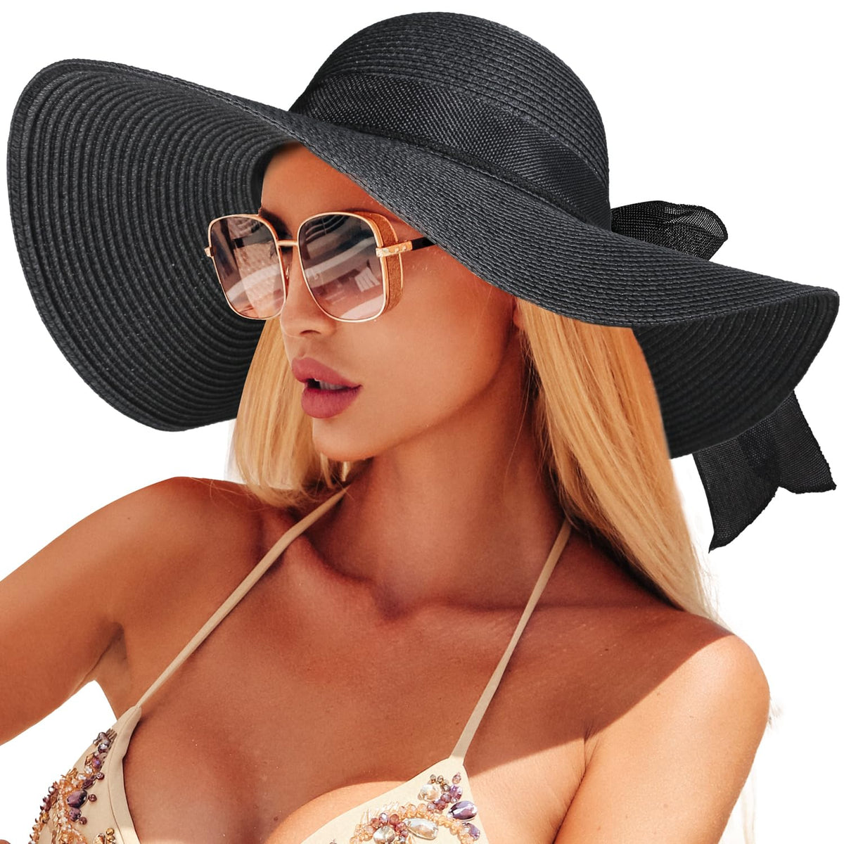 Beach Sun Hats for Women,Wide Brim Straw Hat Floppy Packable UPF 50+