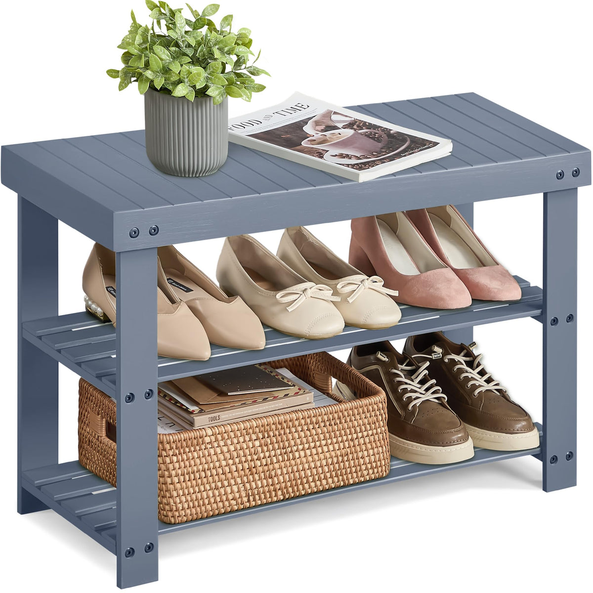 SONGMICS Shoe Rack Bench, 3-Tier Bamboo Shoe Storage Organizer