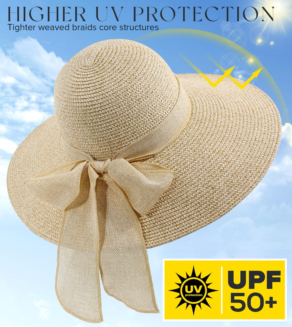Beach Sun Hats for Women,Wide Brim Straw Hat Floppy Packable UPF 50+