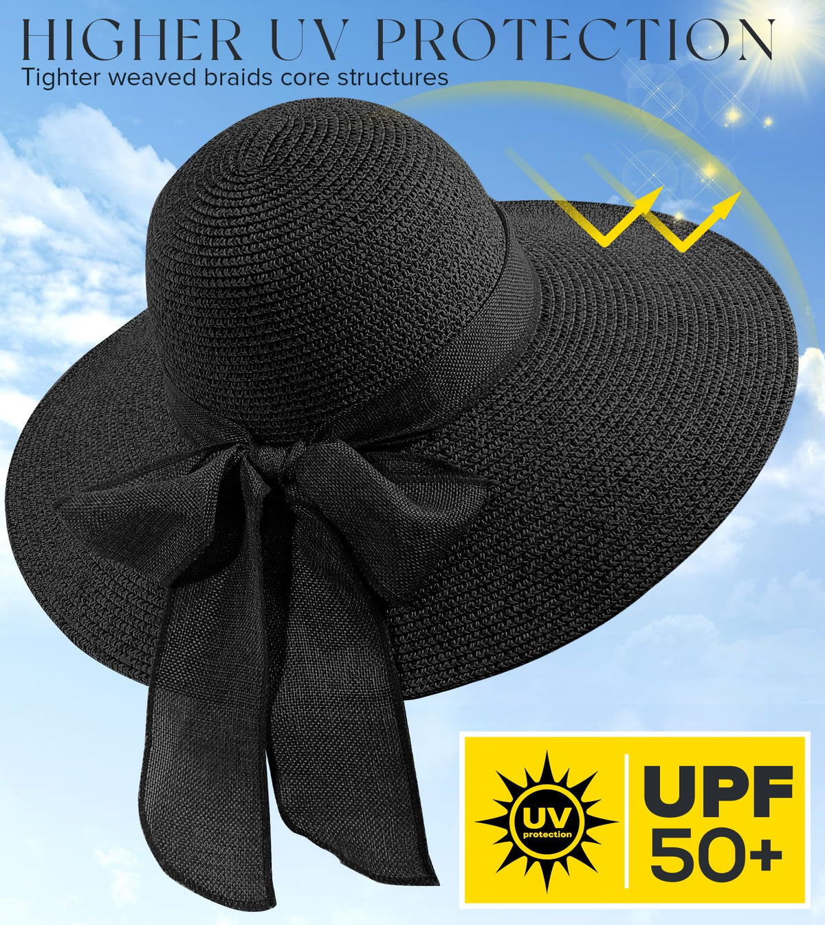 Beach Sun Hats for Women,Wide Brim Straw Hat Floppy Packable UPF 50+