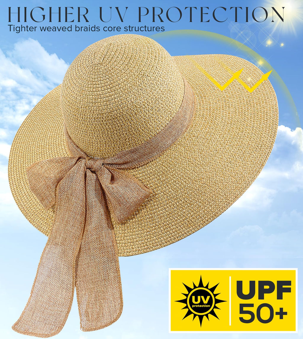 Beach Sun Hats for Women,Wide Brim Straw Hat Floppy Packable UPF 50+